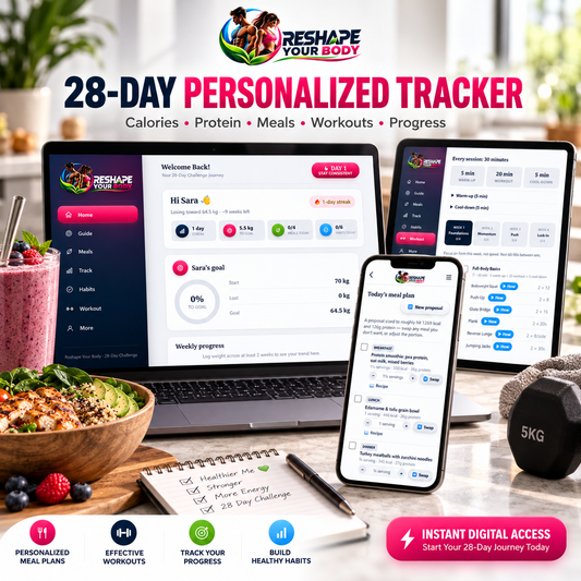 Reshape Your Body 28-day personalized fitness tracker with meal plans, workouts, habits and progress tracking on laptop and smartphone