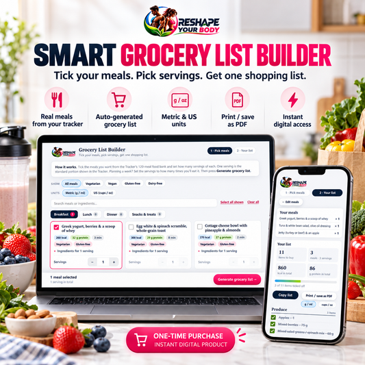 Reshape Your Body Smart Grocery List Builder shown on laptop and smartphone